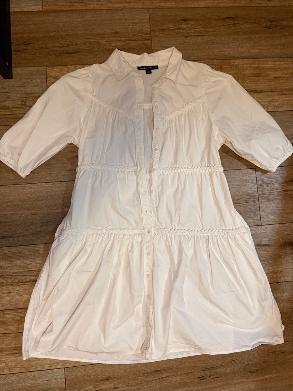 Boston Proper White Button-Front Tiered Dress